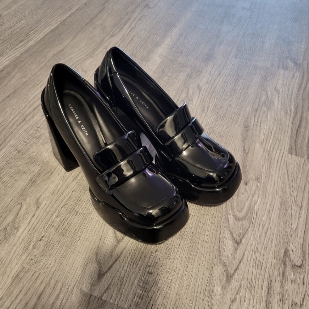Charles & Keith Patent Leather Loafer platform heels